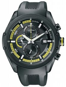 Citizen CA0125-07E - Sort herreklokke med gummireim og gule detaljer