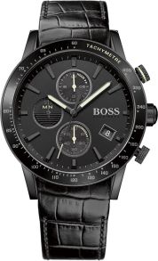 Hugo Boss 1513389 - Gjennomgående sort herreklokke med lærreim