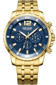 Flott kronograf klokke i gullfarge og blå urskive - Megir Chronograph MS2068GGD-2N3