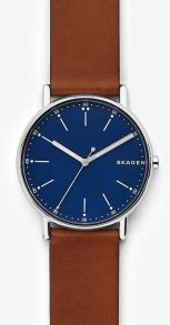 Elegant Skagen klokke med brun skinnrem og blå urskive - Skagen Signatur SKW6355